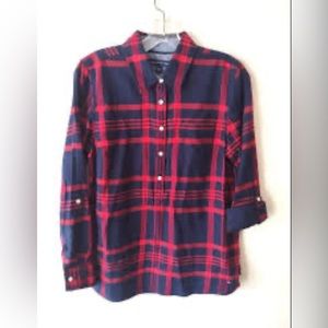 tommy Hilfiger women’s blue red flannel button down shirt M L55-27